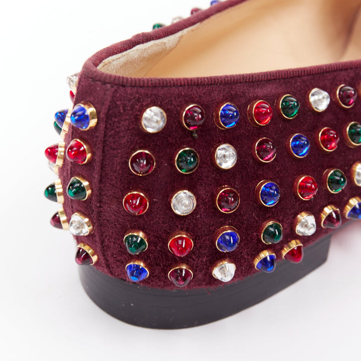 CHRISTIAN LOUBOUTIN burgundy suede jewel tone gripoix stone stud loafers EU36.5