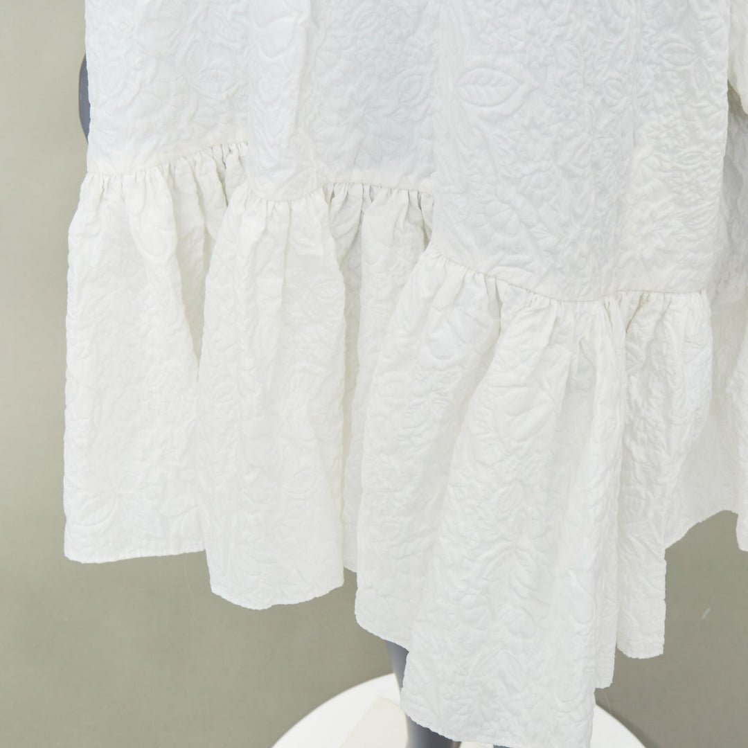 CECILIE BAHNSEN 2021 Belle white cloque high neck ruffle tier panel dress UK8 S