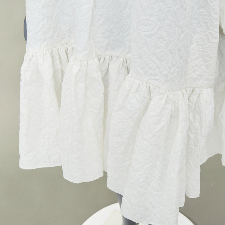 CECILIE BAHNSEN 2021 Belle white cloque high neck ruffle tier panel dress UK8 S