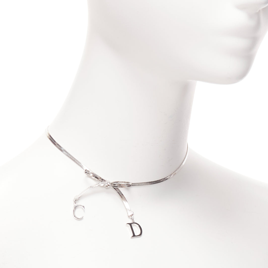 DIOR John Galliano Vintage silver plated CD metal charm ribbon necklace