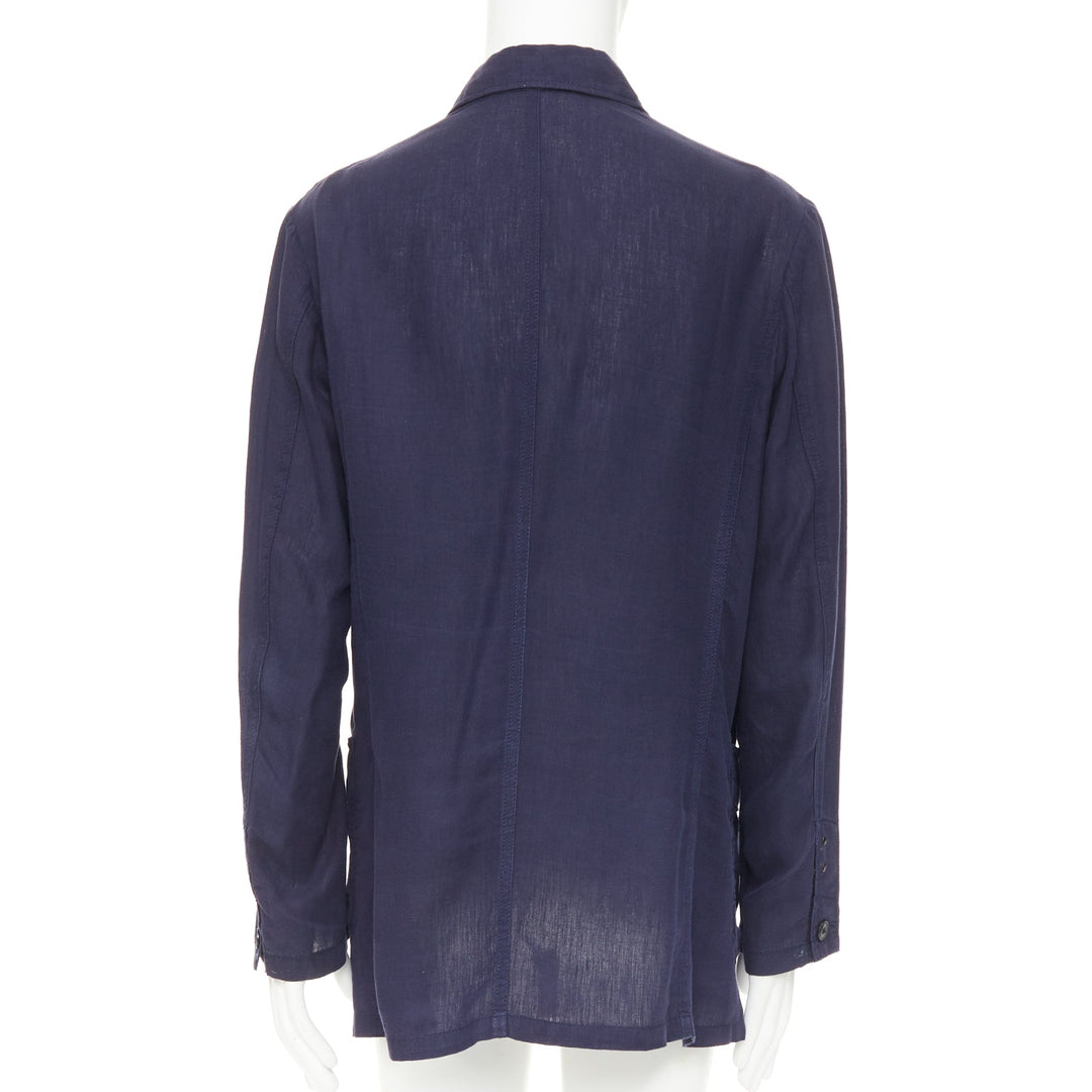 Y'S YOHJI YAMAMOTO navy linen 4-pocket safari long-line work shirt jacket JP3 L