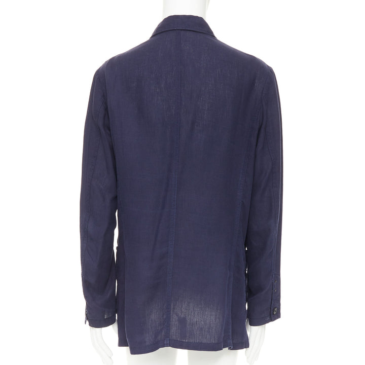 Y'S YOHJI YAMAMOTO navy linen 4-pocket safari long-line work shirt jacket JP3 L