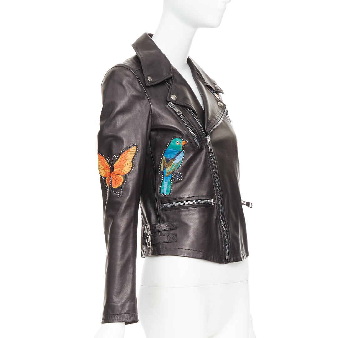 GUCCI Michele black leather bird butterfly applique studded biker jacket IT38 XS