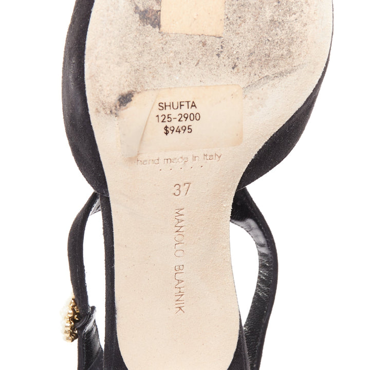 MANOLO BLAHNIK Shufta 50 black suede pearl button kitten heels EU37