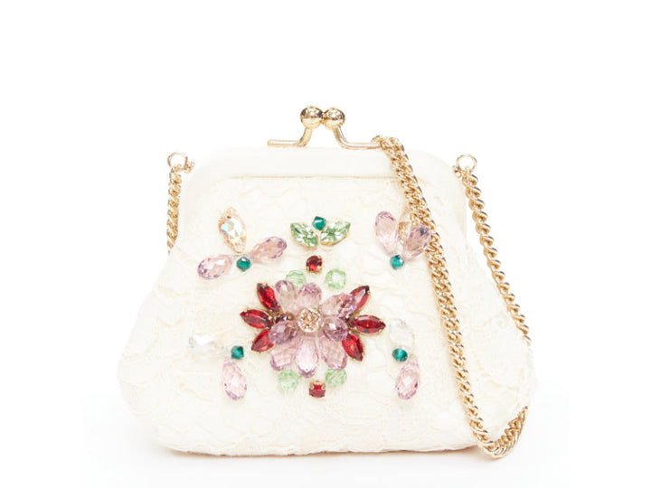 DOLCE GABBANA cream lace multicolour stone beaded kisslock chain micro bag