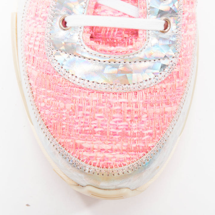 CHANEL 2014 pink tweed silver holographic silver leather sneakers EU38.5