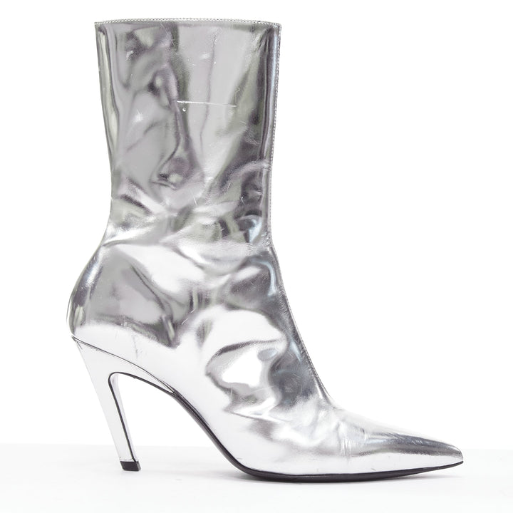 BALENCIAGA Slash 80 silver patent mirrored leather pointy slash heel boots EU36