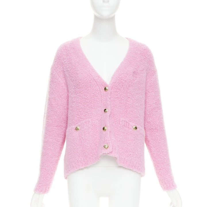 MIU MIU 2023 pink cashmere boucle logo gold button cardigan IT38 XS