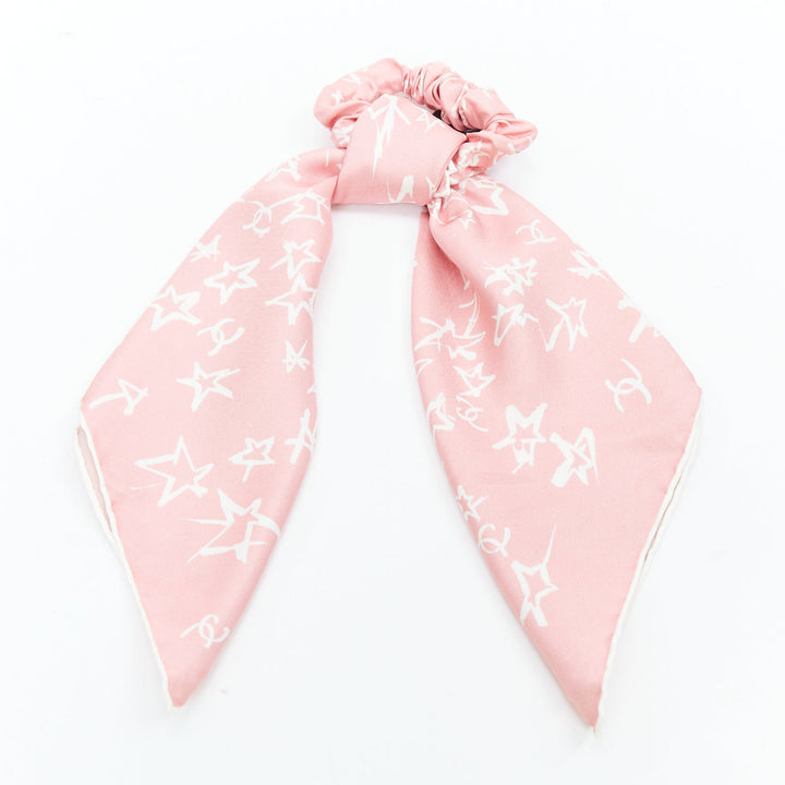 CHANEL 2022 100% silk pink white CC star print hair ribbon scrunchie