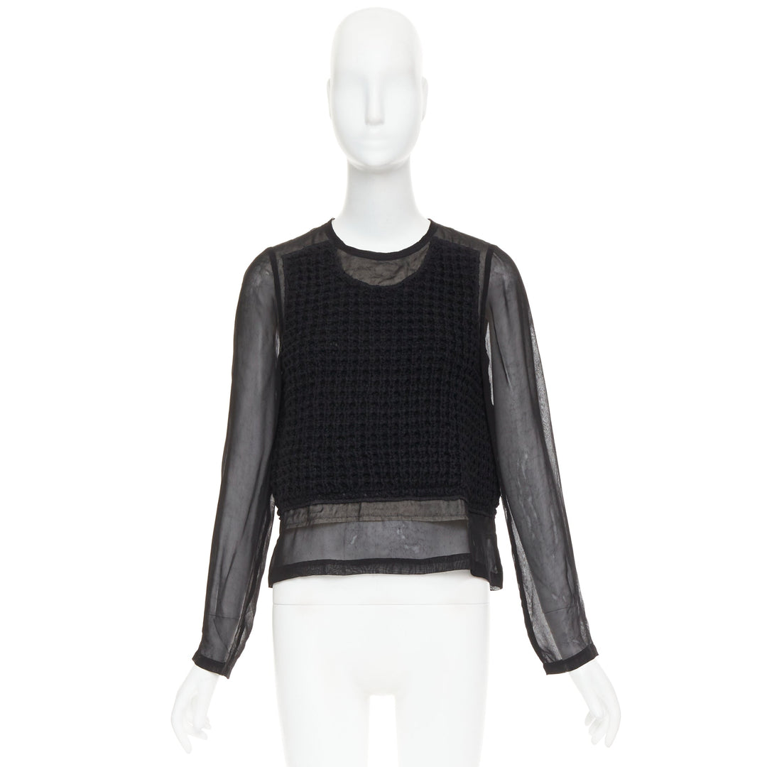 COMME DES GARCONS 2014 black cupra wool trim woven sheer overlay top XS