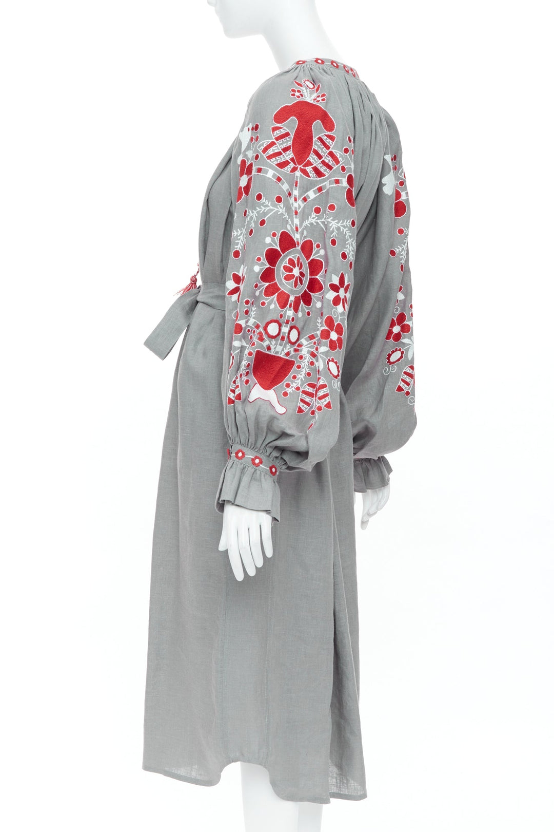 VITA KIN grey linen red folk floral embroidered boho peasant kaftan dress S/D