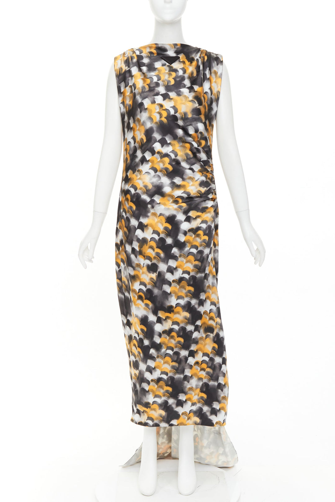 rare PRADA 2023 Runway yellow black viscose silk abstract train gown IT40 S