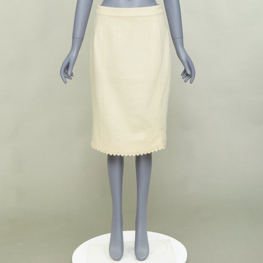 CHANEL Vintage cream wool tweed scalloped hem silk lined pencil skirt FR42 XL