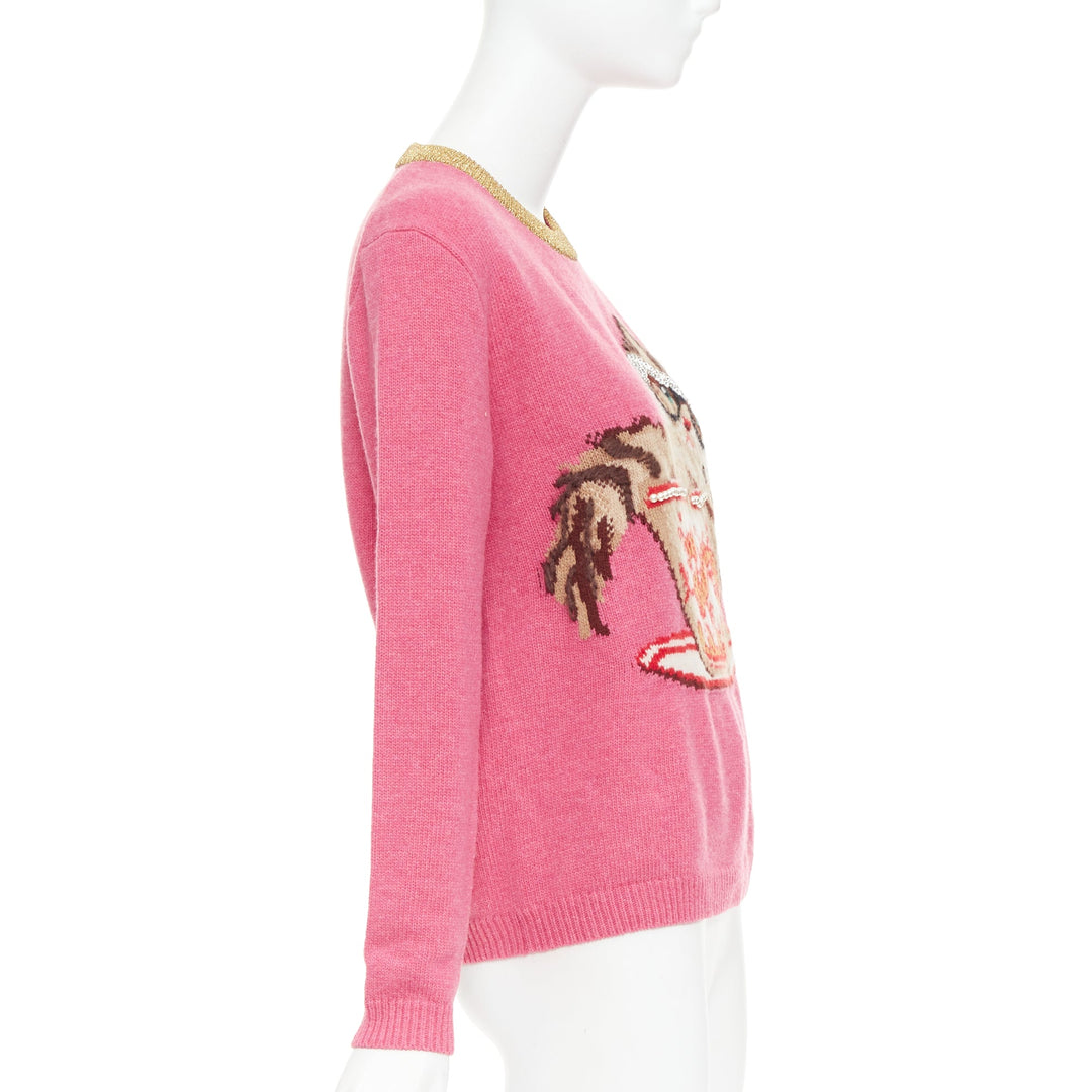 GUCCI 2018 Runway Ignasi Monreal Cat in Teacup pink wool knit sweater S