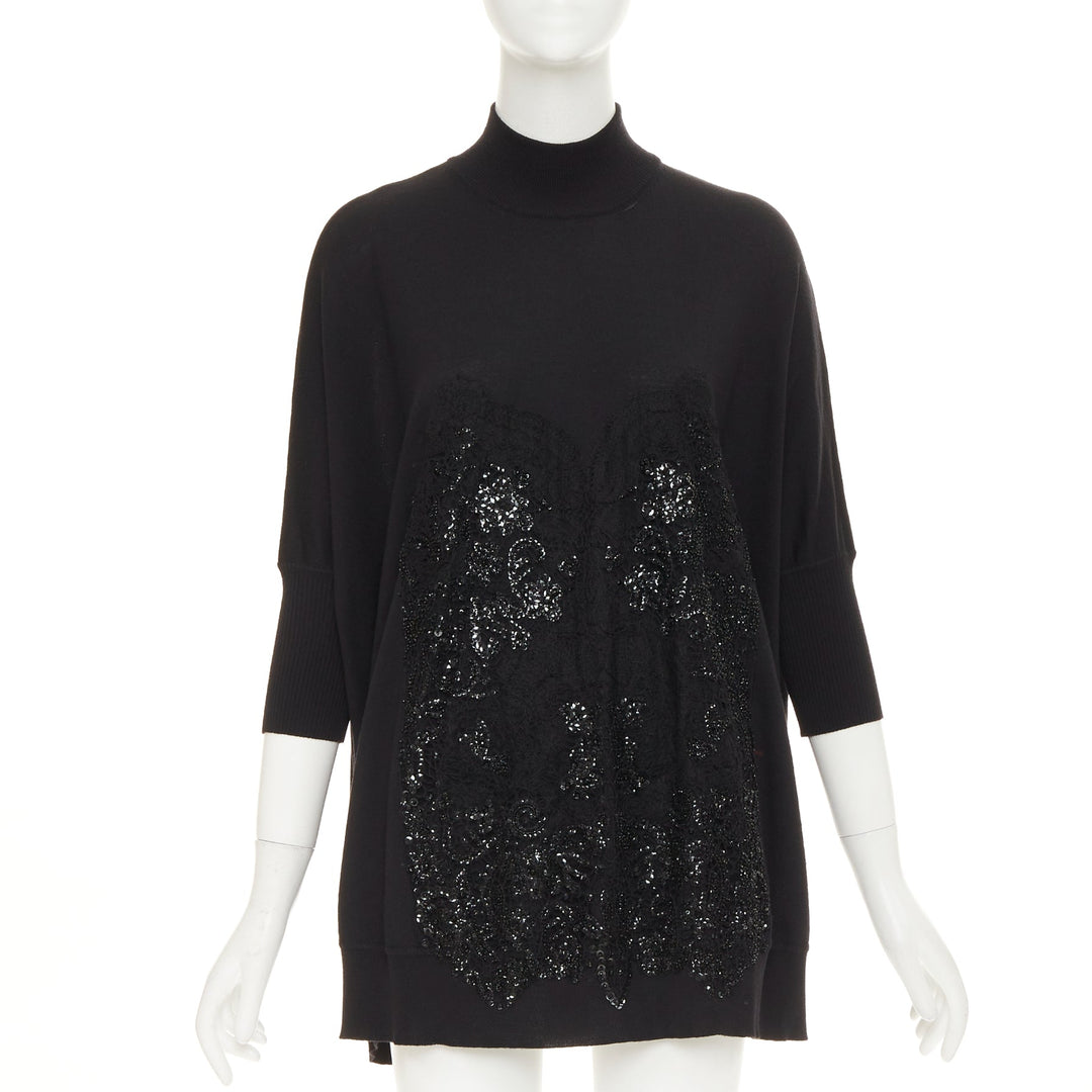 GIVENCHY black wool blend sequin lace embellished knit turtleneck tunic top M