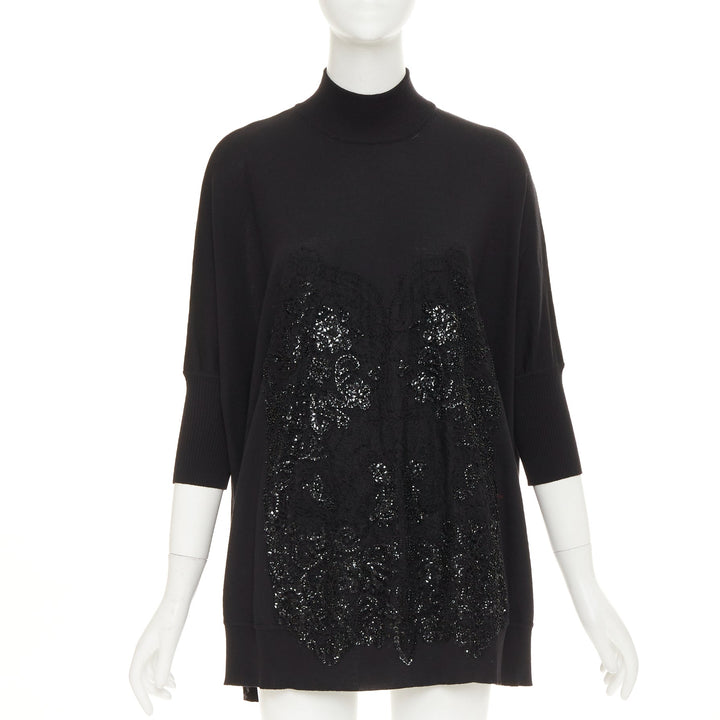 GIVENCHY black wool blend sequin lace embellished knit turtleneck tunic top M