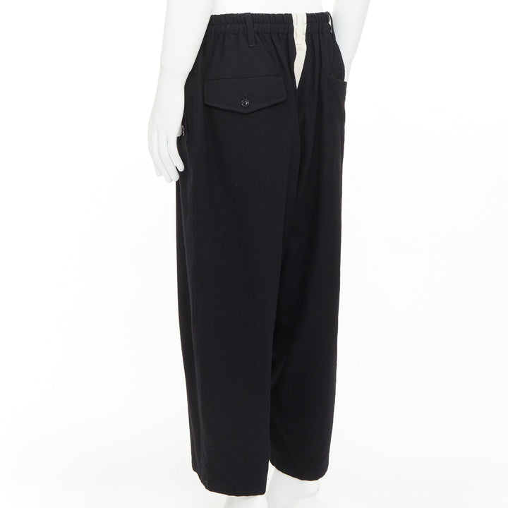 YOHJI YAMAMOTO black wool white cotton trim buttons wide leg pants JP3 L