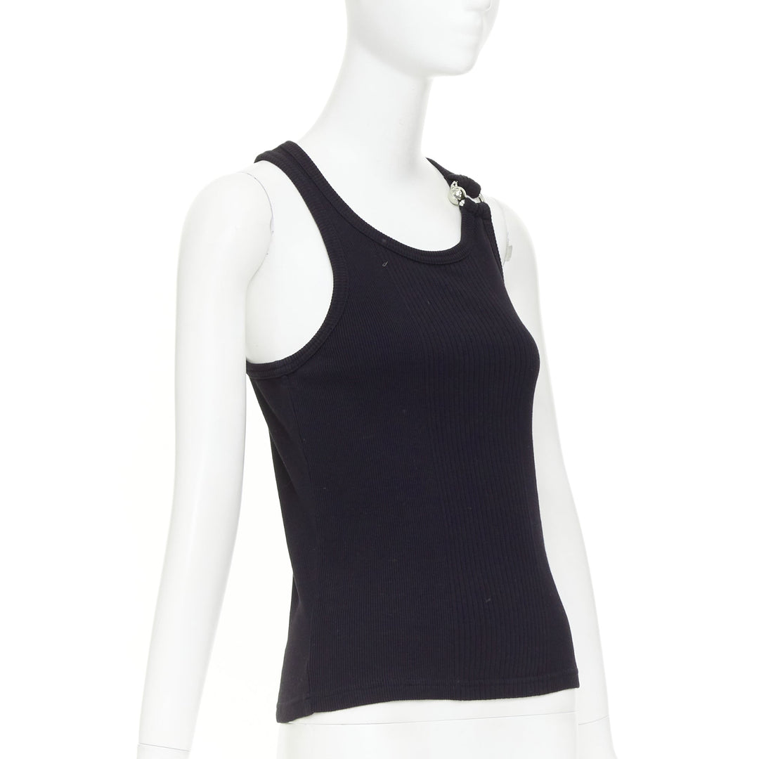 JEAN PAUL GAULTIER The Piercing black gold silver ring detail ribbed tank top S