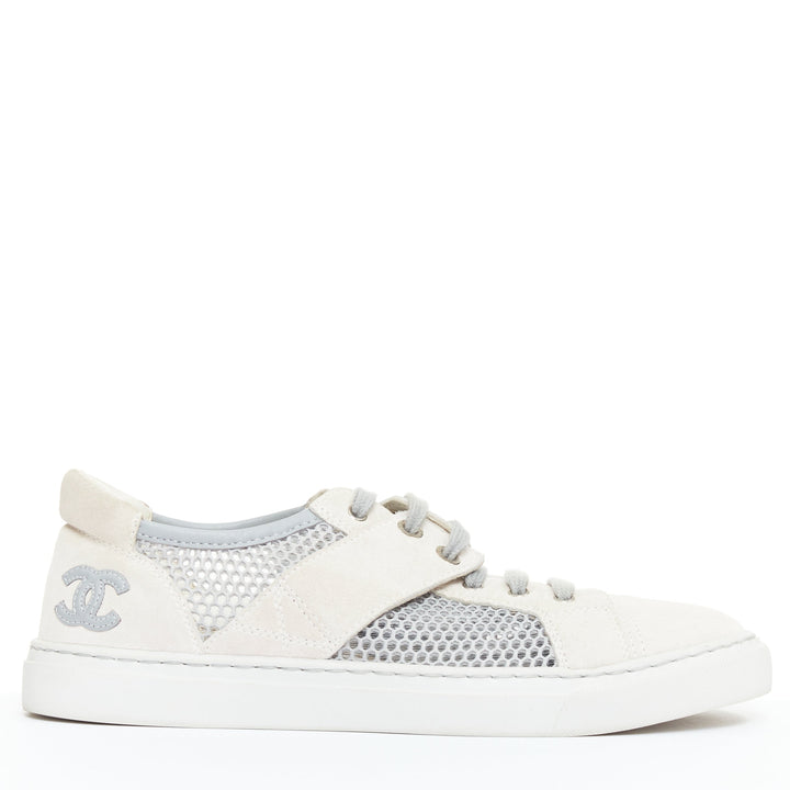 CHANEL 2015 grey mesh CC logo cream suede panelled sneakers EU36.5