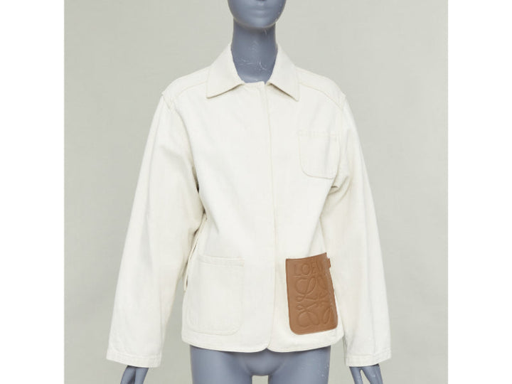 LOEWE JW ANDERSON Anagram brown leather pocket cotton linen work jacket FR34