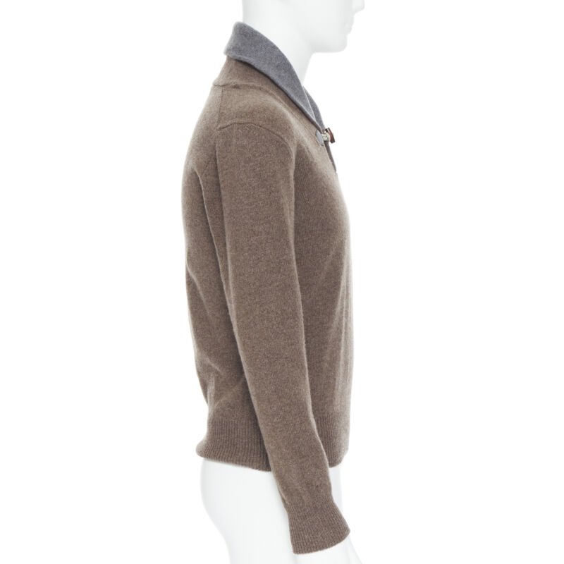 HACKETT Merino Cashmere brown grey shawl collar toggle pullover sweater XS