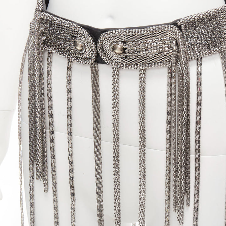 CHRISTOPHER KANE silver multi chain stud front black leather fringe belt S