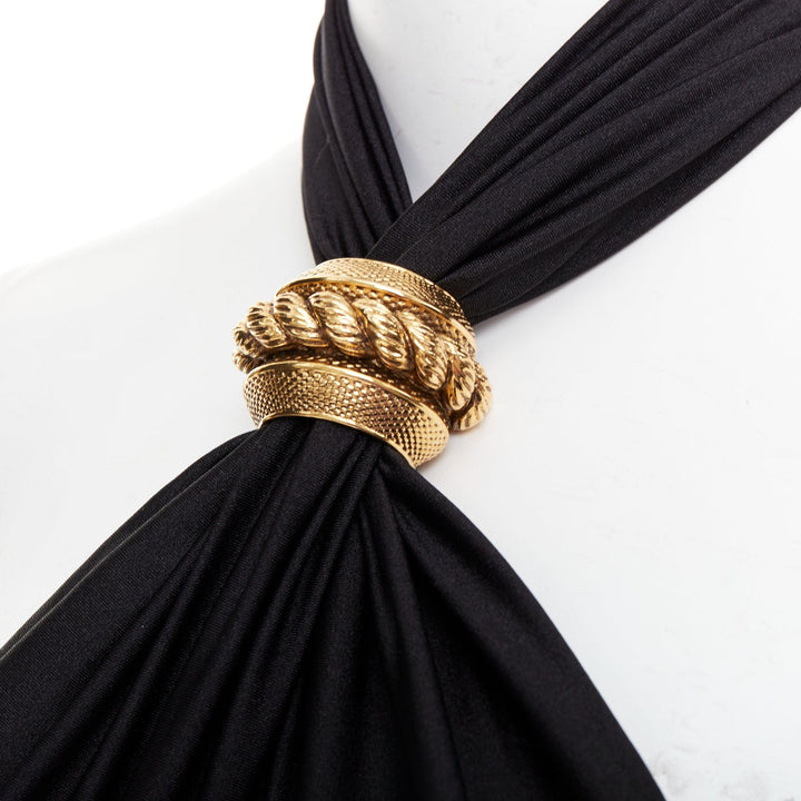 SAINT LAURENT 2022 Runway black gold metal brooch halter cutout jumpsuit Sz.1 XS