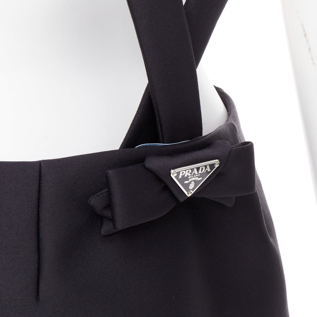 PRADA 2023 black virgin wool blend logo bow back suspender mini skirt IT40 S