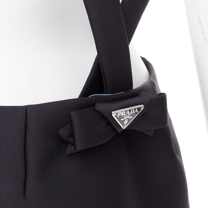 PRADA 2023 black virgin wool blend logo bow back suspender mini skirt IT40 S