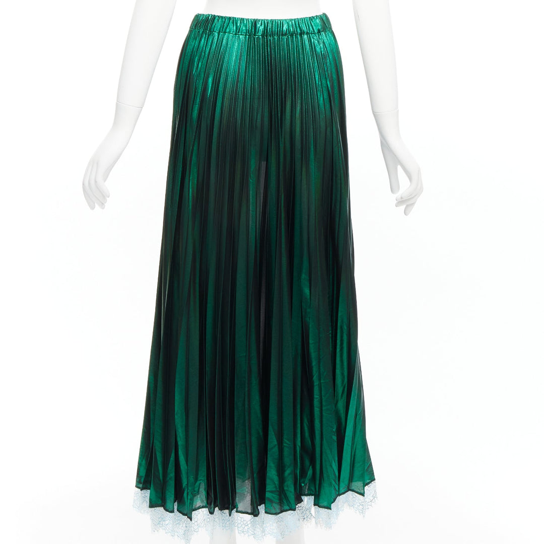 ANAIS JOURDEN metallic green lurex blue lace hem plisse pleated skirt FR38 M