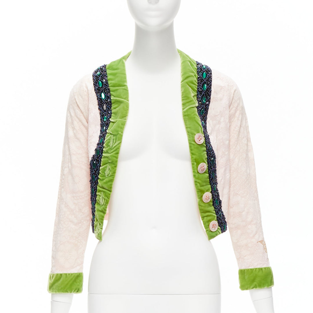 VOYAGE INVEST IN THE ORIGINAL LONDON green velvet pink lace beaded jacket M
