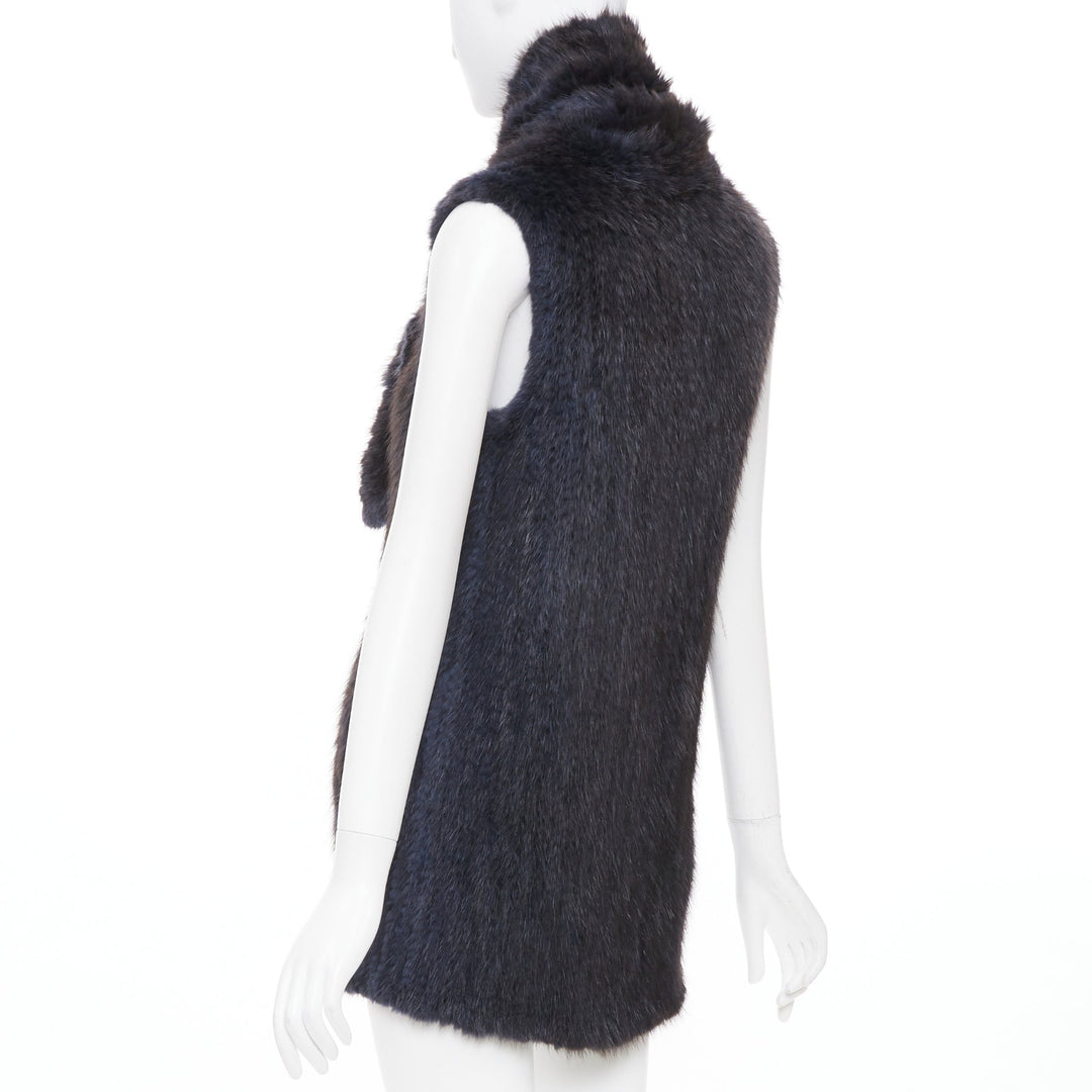 SYMETRIE PARIS black navy genuine fur satin snap buttons collared long gilet M