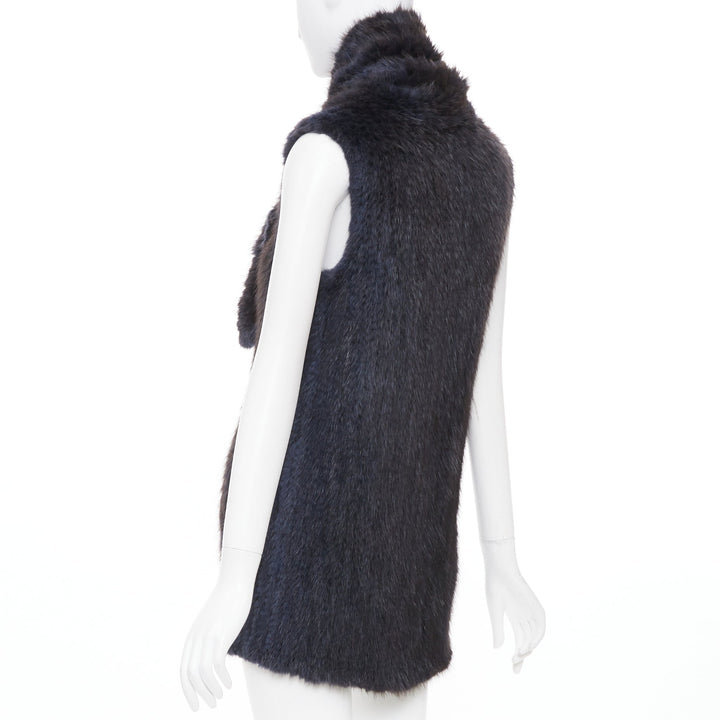 SYMETRIE PARIS black navy genuine fur satin snap buttons collared long gilet M