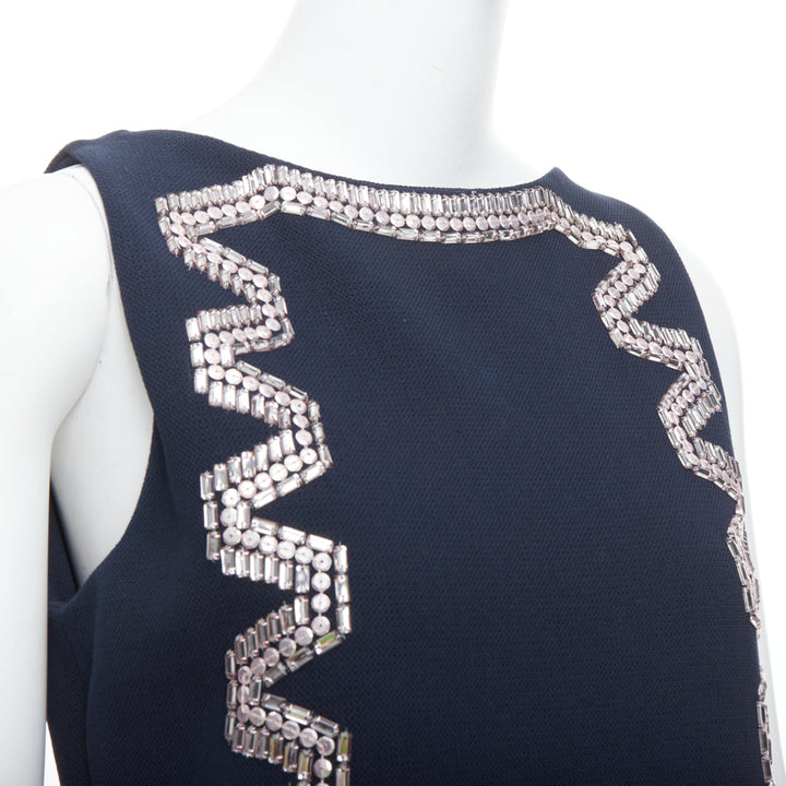 LANVIN 2015 navy cotton rhinestone embellished ribbon shift dress FR36 S