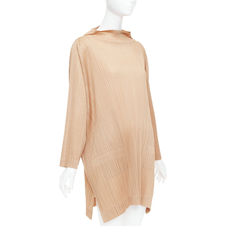 ISSEY MIYAKE Pleats Please brown funnel neck plisse mini dress JP3 L