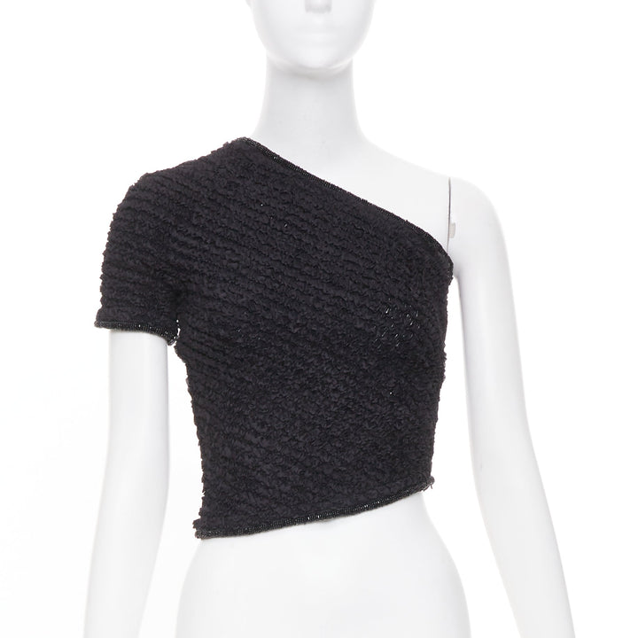 EMPORIO ARMANI 1999 Runway black shirred ruffle beaded asymmetric top IT38 XS