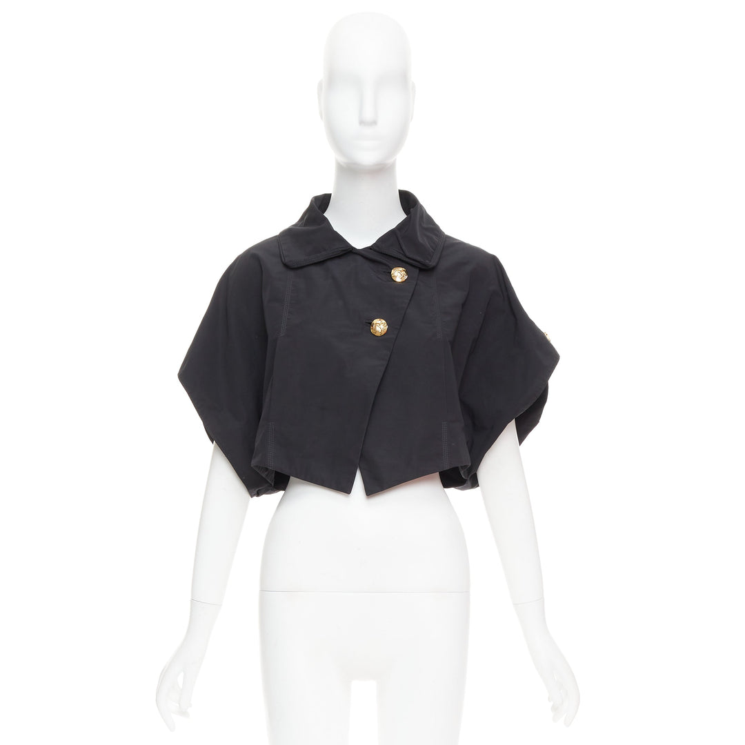 LOUIS VUITTON black georgette gold italic LV buttons cropped jacket FR34 XS