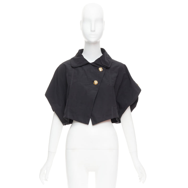 LOUIS VUITTON black georgette gold italic LV buttons cropped jacket FR34 XS