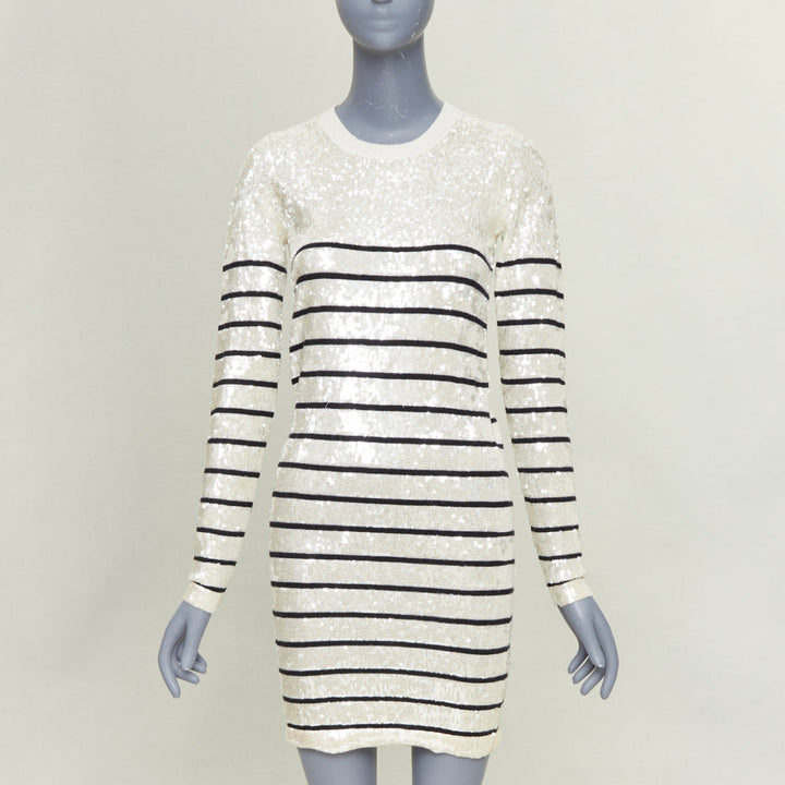 MARKUS LUPFER 100% merino wool cream black striped sequinned knit dress S