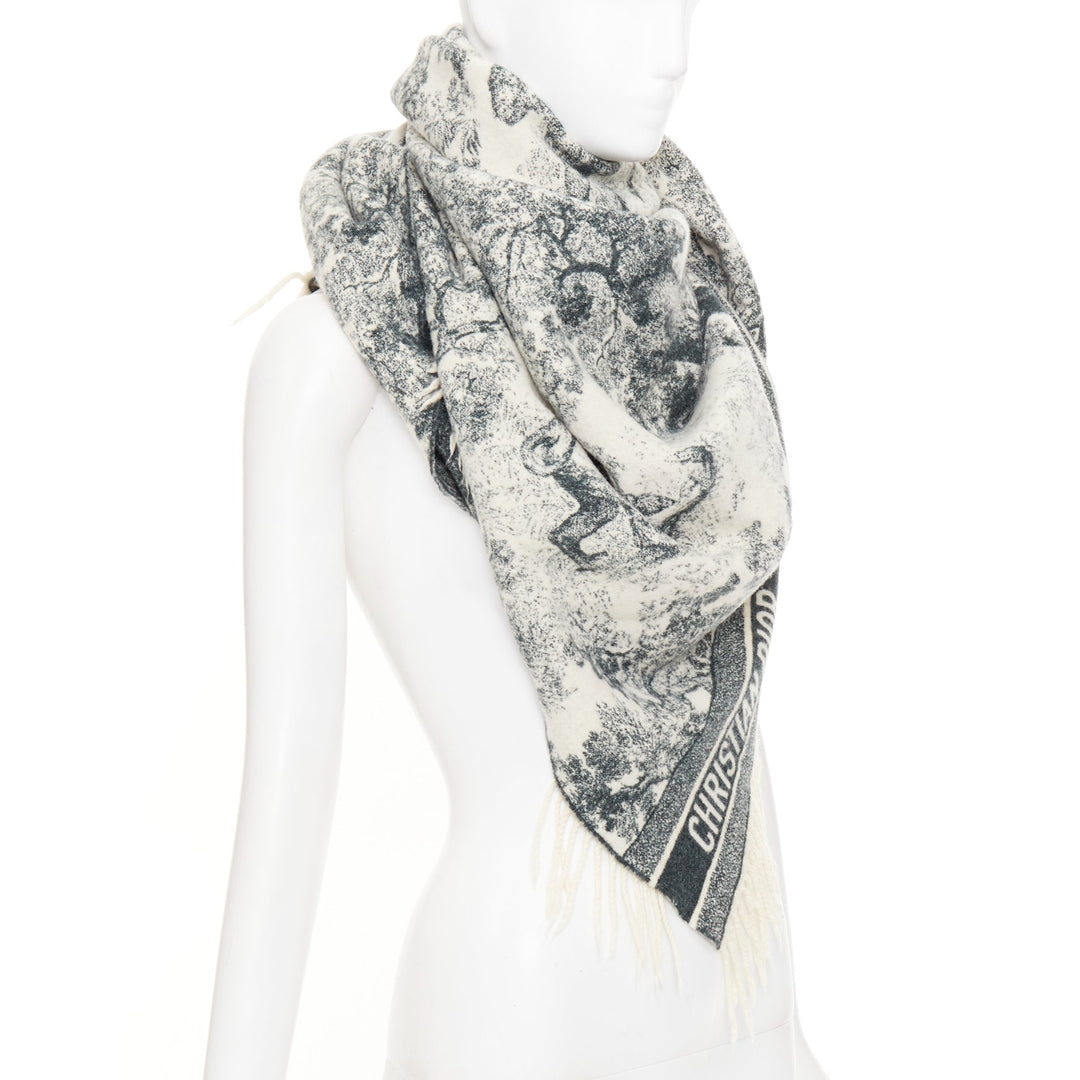 DIOR 2019 Toile De Jouy black cream wool large fringed blanket shawl throw