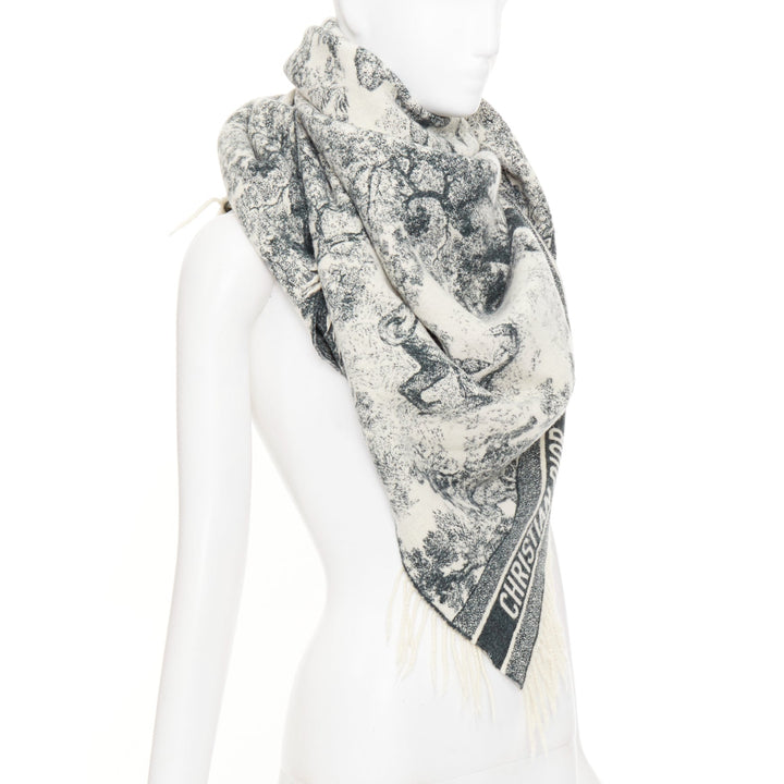 DIOR 2019 Toile De Jouy black cream wool large fringed blanket shawl throw
