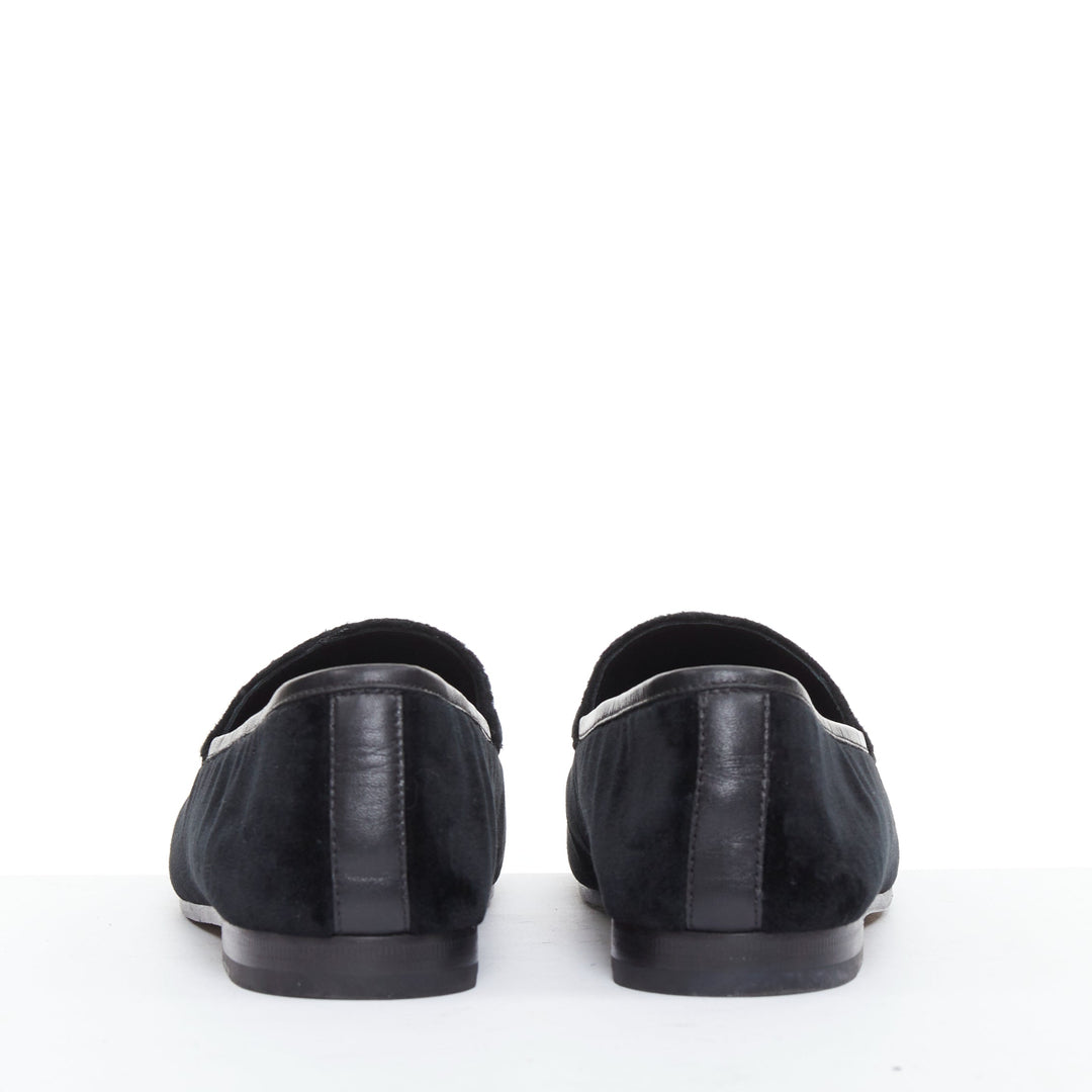 GUCCI Jordaan black velvet gold horsebit buckles leather trim loafer EU37.5