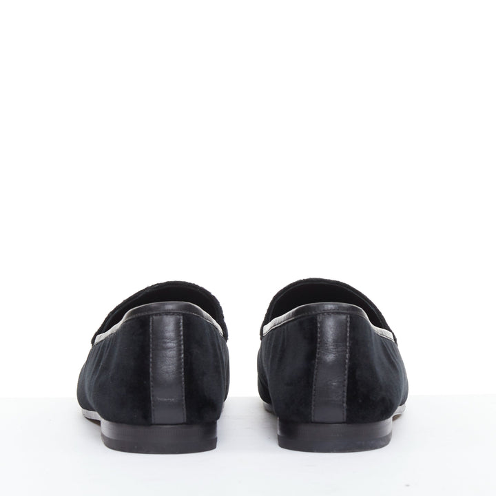 GUCCI Jordaan black velvet gold horsebit buckles leather trim loafer EU37.5