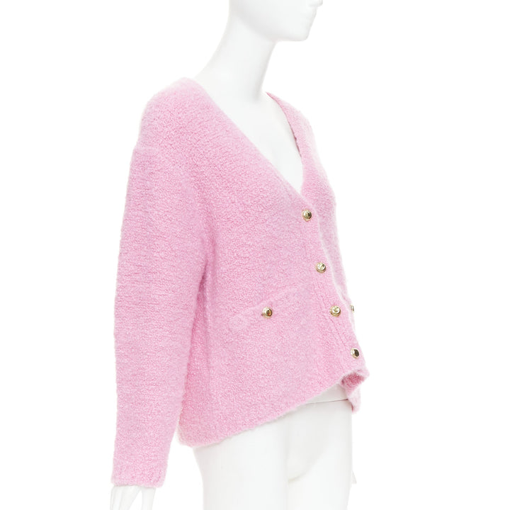 MIU MIU 2023 pink cashmere boucle logo gold button cardigan IT38 XS