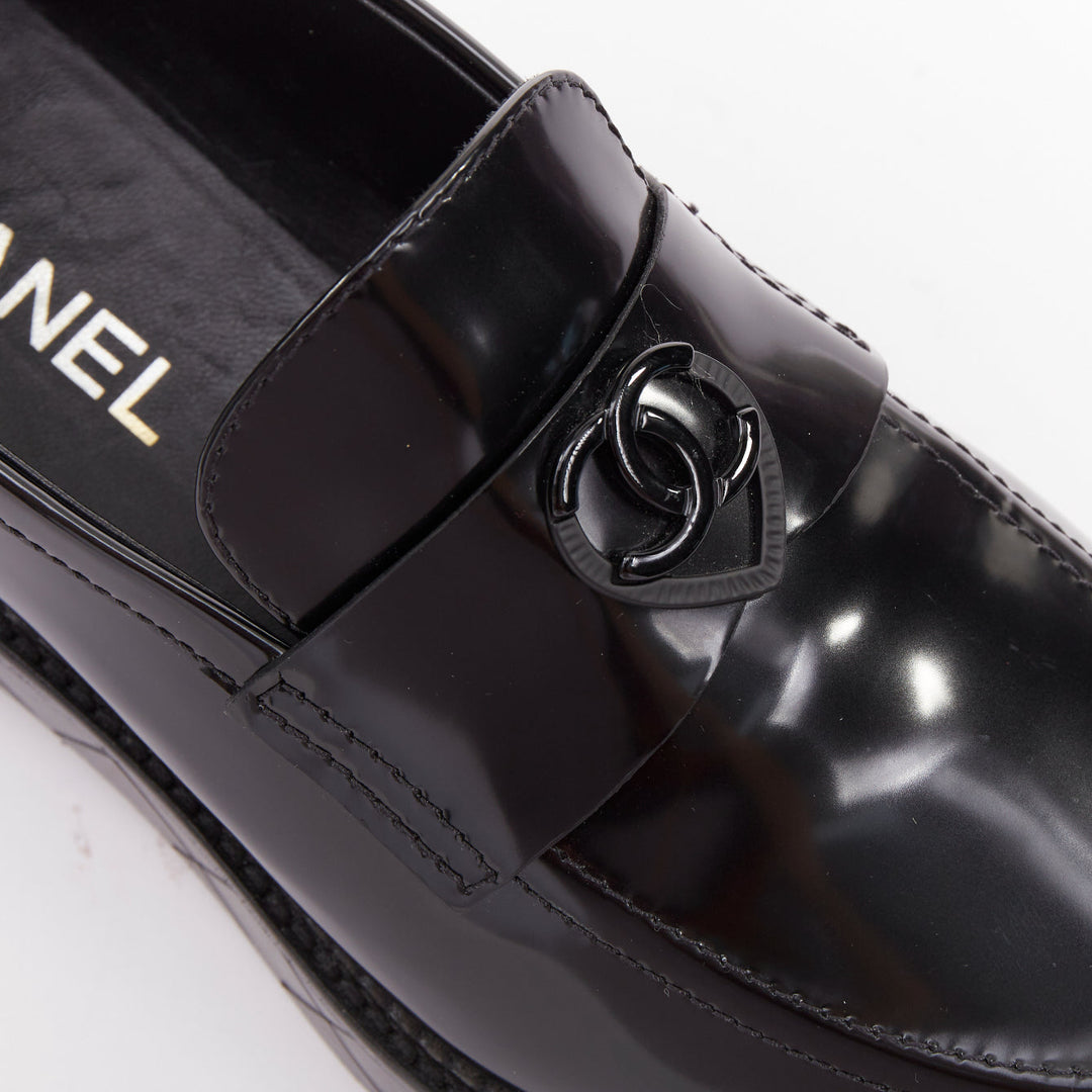 CHANEL 24K Heart CC black  leather quilted platform penny loafers shoes EU39.5