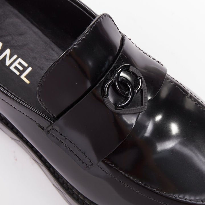 CHANEL 24K Heart CC black  leather quilted platform penny loafers shoes EU39.5