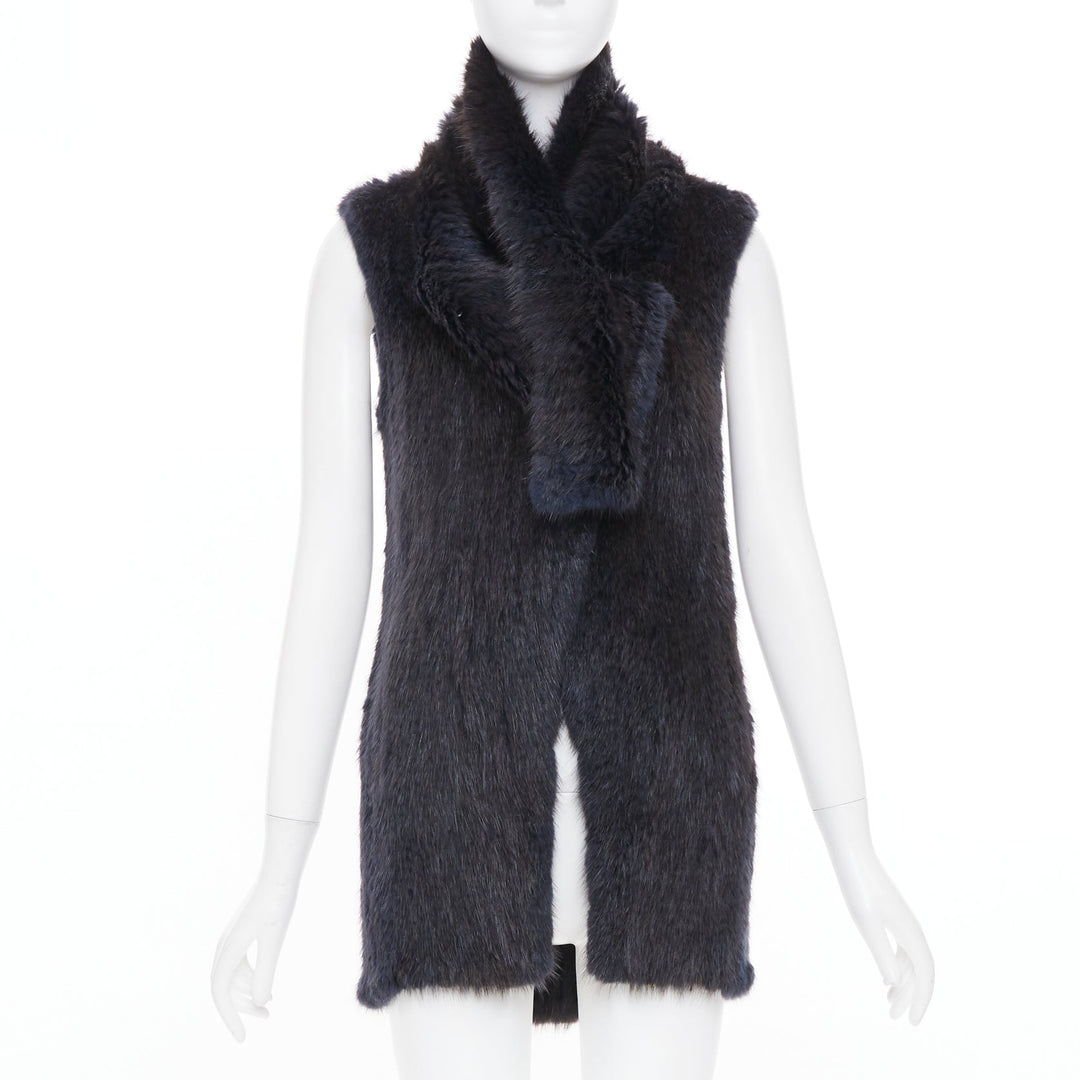 SYMETRIE PARIS black navy genuine fur satin snap buttons collared long gilet M