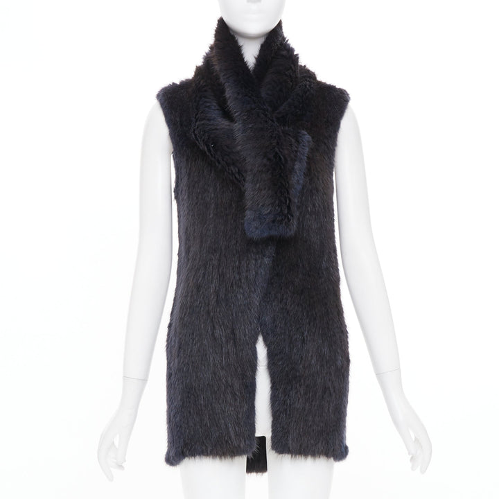 SYMETRIE PARIS black navy genuine fur satin snap buttons collared long gilet M