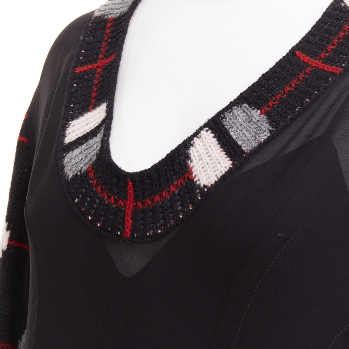 PRADA 2021 Runway black sable checkered wool sleeves V-neck midi dress IT38 XS