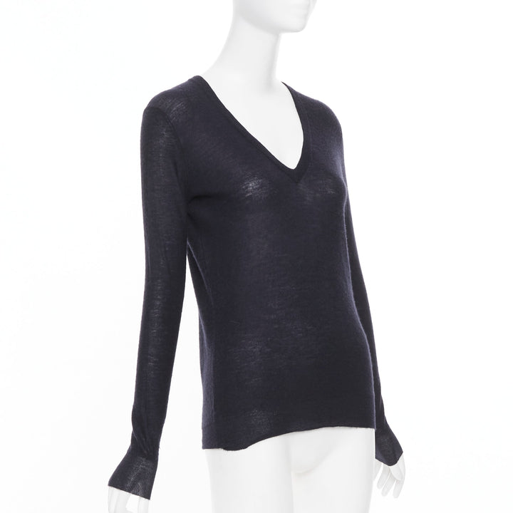 JOSEPH 100% cashmere black semi sheer knit long sleeve vneck casual sweater XS